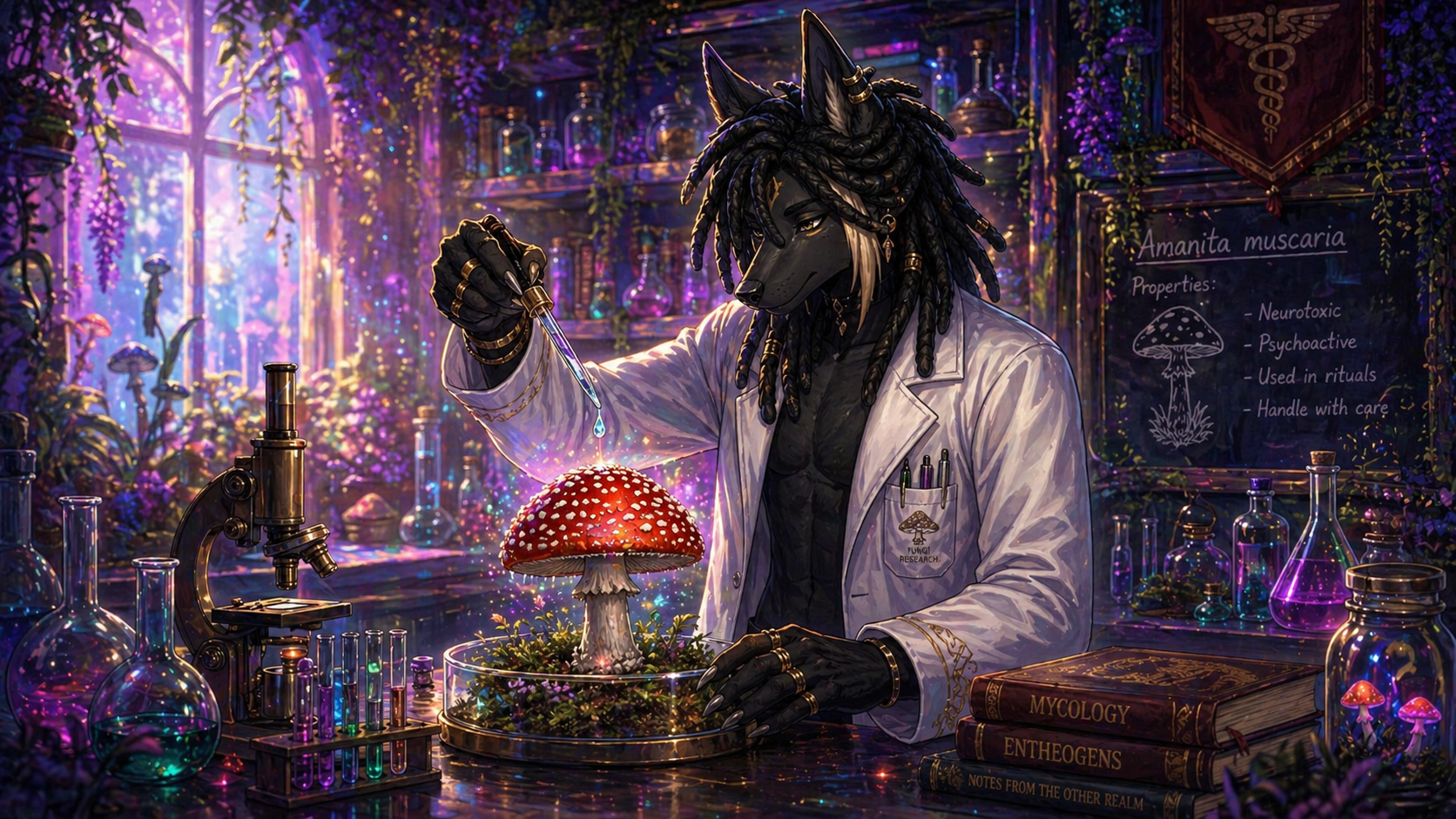 Ken is experimenting with an Amanita Muscaria mushroom in his laboratory.