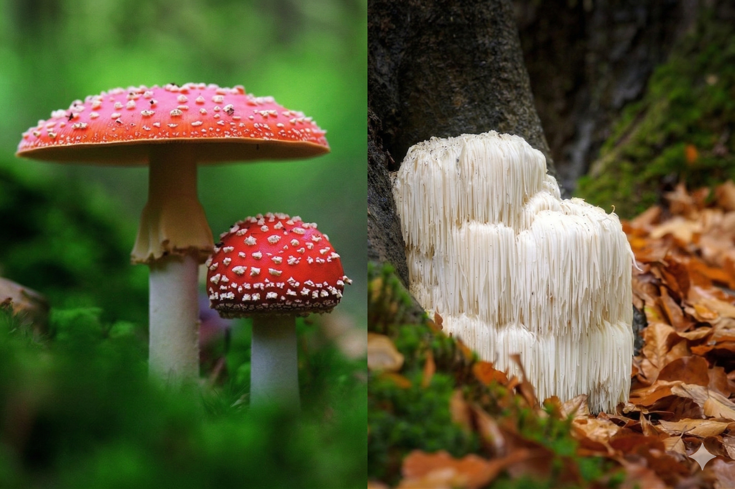 A picture showing an Amanita Muscaria and a Lion's Mane mushroom side-by-side