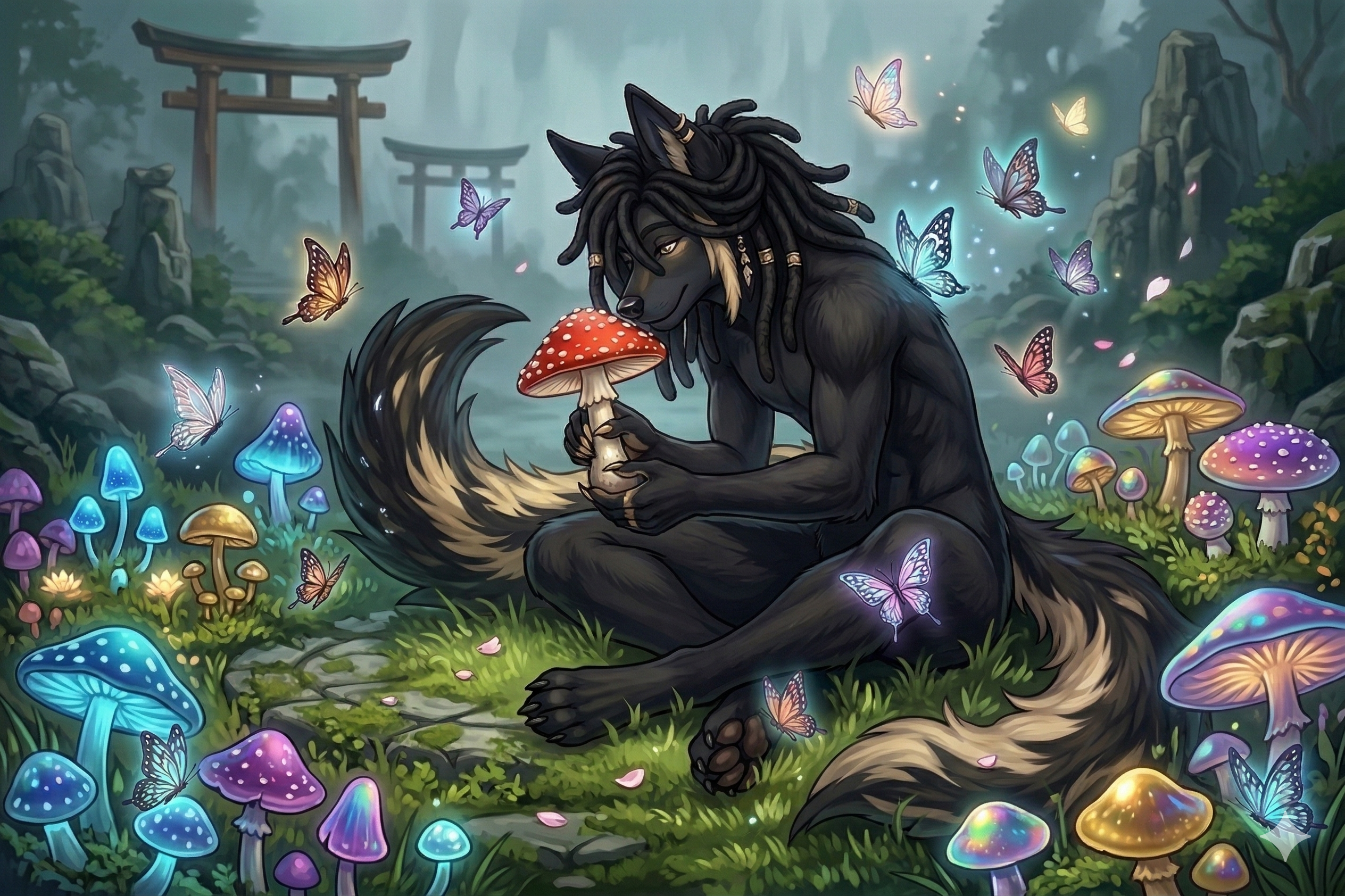 Ken is smelling a freshly harvested Amanita Muscaria mushroom in the middle of his garden.